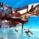 The giant Super Dimension Fortress-1 spaceship takes off accompanied by Veritech fighters.